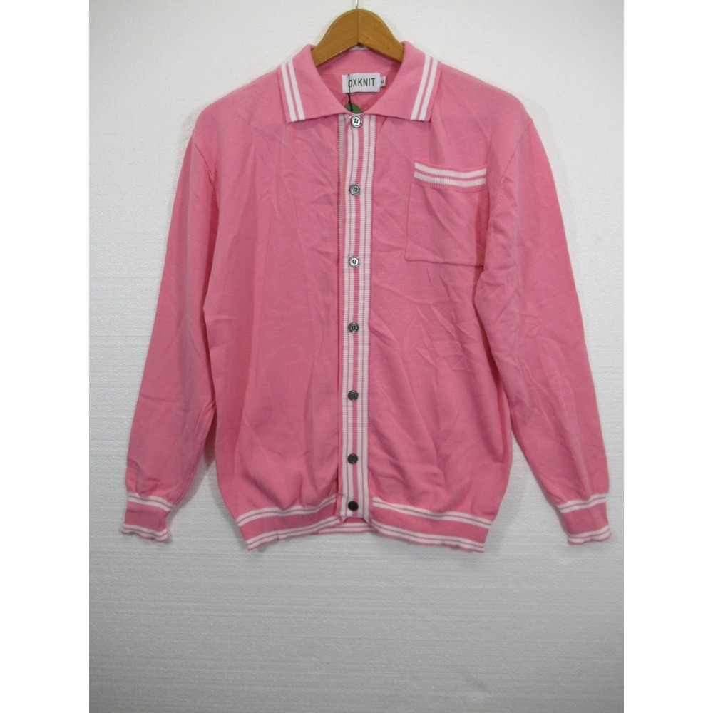NEW OXKNIT 60s Mod Style Pink Cardigan Sweater Men M Pink Long Sleeve Retro
